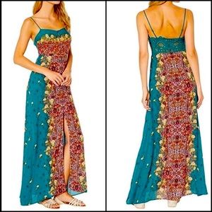 Free People Green Print Maxi Sundress Slip Dress